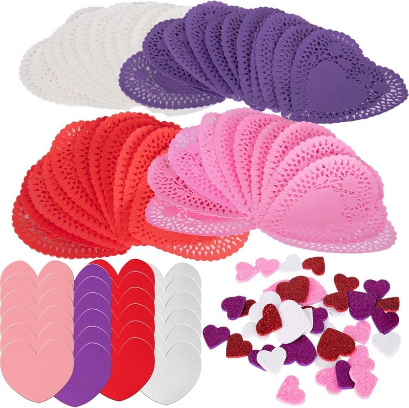Art Creativity 126+ Pcs Valentine's Day Heart Doilies Card Crafts for Kids - Valentine Day Crafts for Classroom Parties - Valentines Craft Supplies Kits with Heart Doilies and Glitter Foam Stickers - Image 1